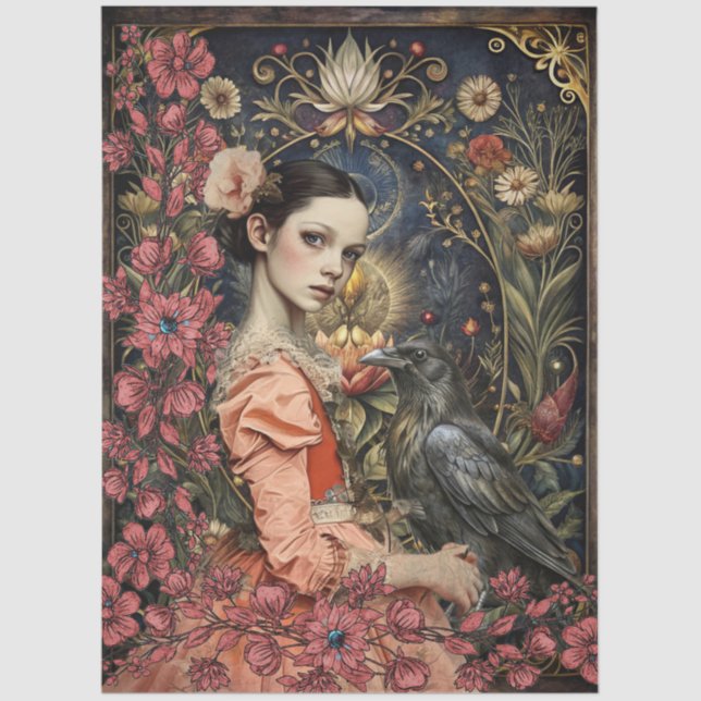 Papel De Seda Victorian Gothic Girl & Black Raven Floral Collage (Anverso)