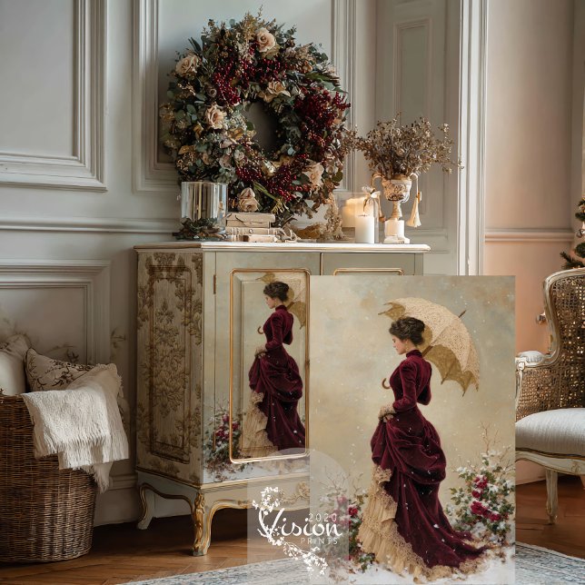Papel De Seda Victorian Lady Christmas Decoupage Tissue Paper (Victorian lady print displayed against cream cabinet showing burgundy gown and parasol in detail)