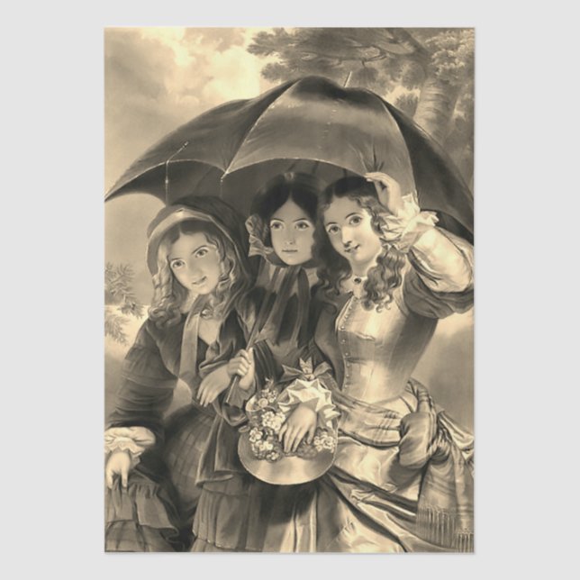 Papel De Seda Victorian lady umbrella rainy day sepia (Anverso)