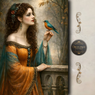 Papel De Seda Victorian Woman Blue Bird Teal Elegance Decoupage