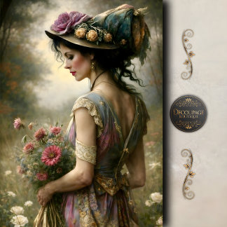 Papel De Seda Victorian Woman Floral Bouquet Garden Decoupage