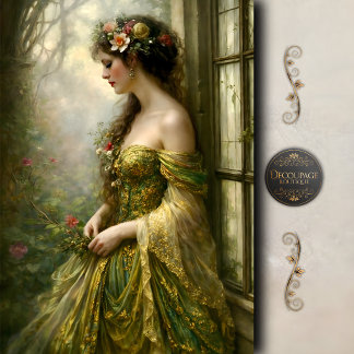 Papel De Seda Victorian Woman Green Gold  Elegance Decoupage
