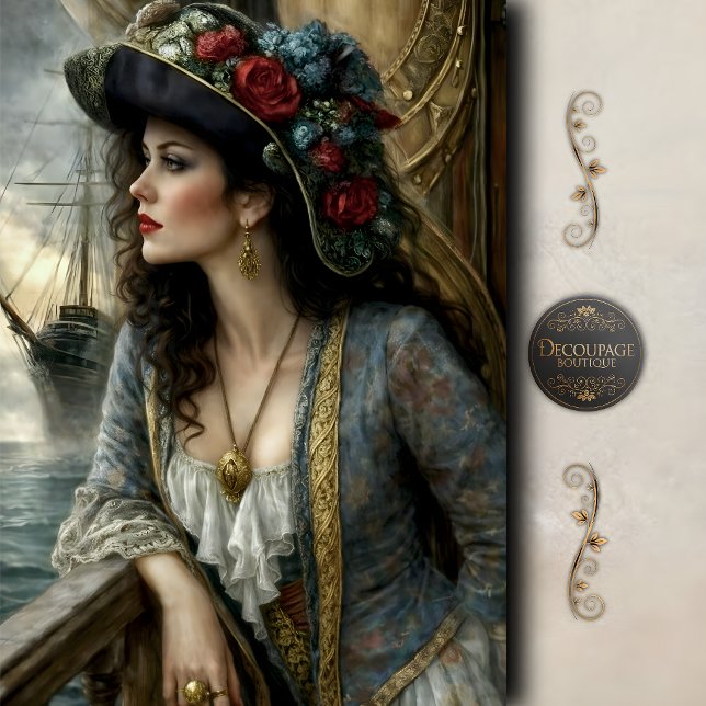 Papel De Seda Victorian Woman Nautical Hat Ship Decoupage (Victorian Woman Nautical Hat Ship Decoupage Tissue Paper)