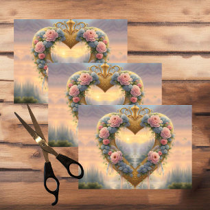 Papel De Seda Victoriano, corazón dorado con flores y palabras