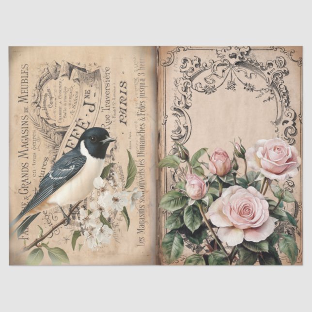Papel De Seda Victoriano de las rosas rosa y malvada (Anverso)