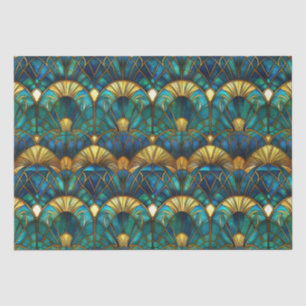 Papel De Seda Vidrio emplomado de pavo real teal, azul y dorado