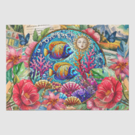 Papel De Seda Vidrio Pintado Tropical Escénico Pez Decoupage