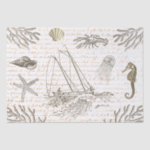 Papel De Seda Vieja vida marina beige en escritura antigua