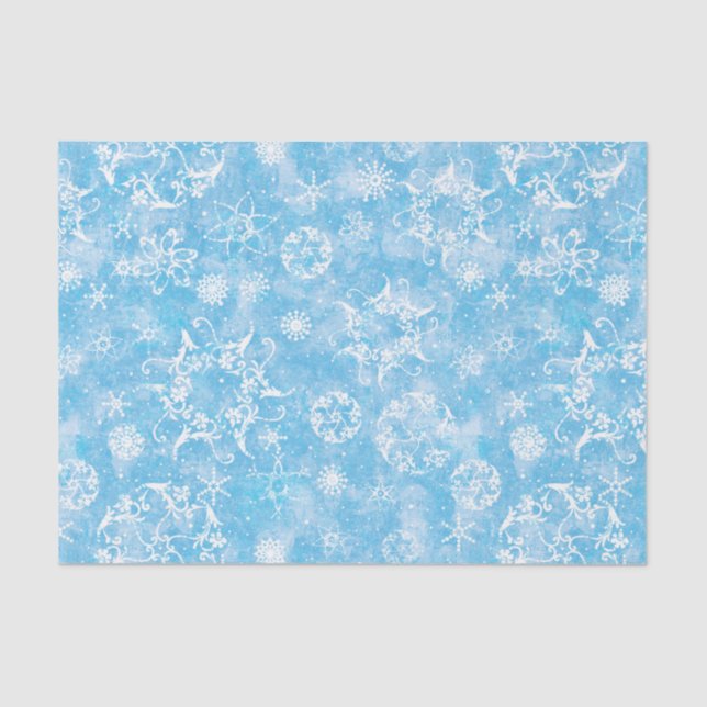 Papel De Seda Viejas copas de nieve navideñas en azul (Anverso)