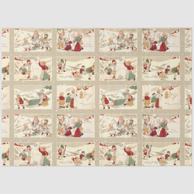 Papel De Seda Viejos escenarios de invierno con niños alegres (Anverso)