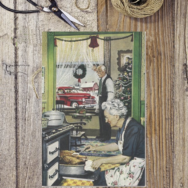 Papel De Seda Viejos Navidades de cocina casera de moda (Holiday cooking in Grandma vintage kitchen turkey in oven on gift wrap tissue paper.)