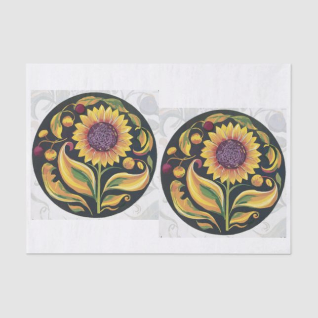 Papel De Seda Vignette de girasol otoñal, Medallón Floral Folky (Anverso)