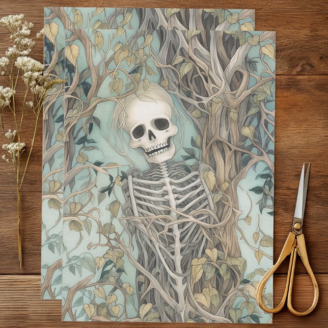 Papel De Seda Viñas y esqueletos de época (Tissue paper featuring a detailed skeleton entwined with vines and branches)