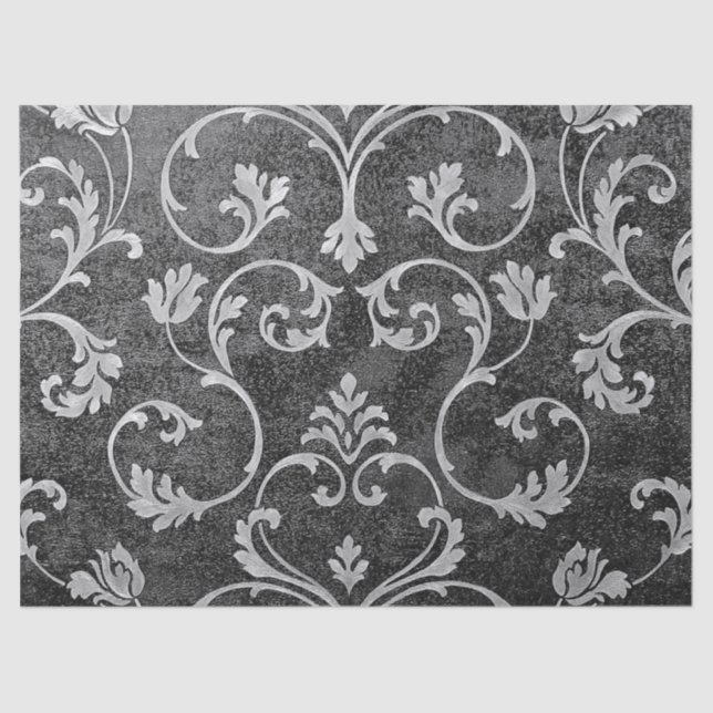 Papel De Seda Viñeta elegante moda negro plata adamascado floral (Anverso)