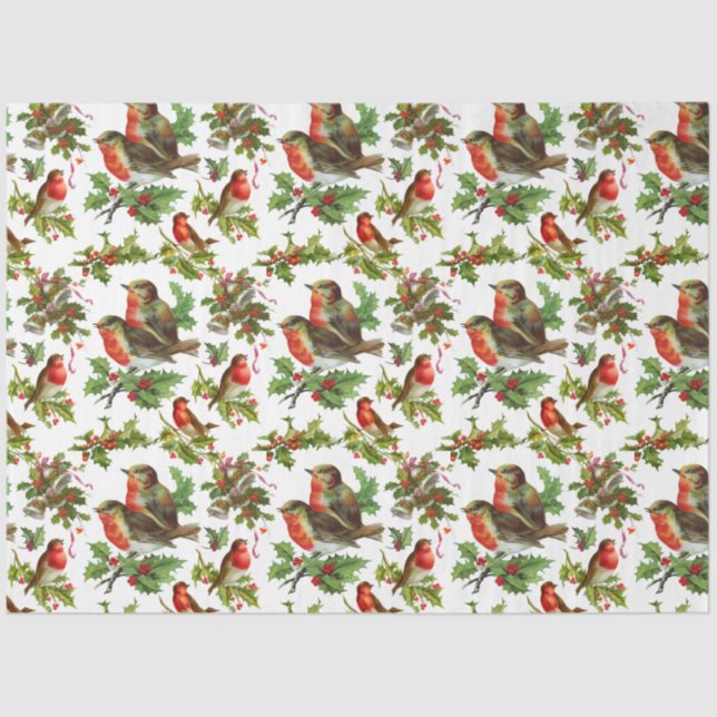 Papel De Seda Viñeta Robin Bird Holly Berries Winter (Anverso)