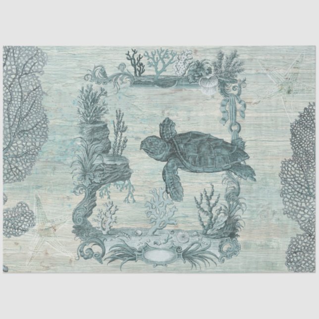 Papel De Seda Vintage Beach Turtle Starfish Blue Wood Decoración (Anverso)