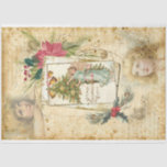 Papel De Seda Vintage Christmas Angels, Holly y Poinsettias<br><div class="desc">Bonito diseño de collage con ángeles alados vintage,  armazón ornamentado,  antigua tarjeta de saludo sobre papel envejecido,  texto escrito a mano y pulverizadores de holly,  pino y poinsettias sobre un fondo de pergamino con problemas.</div>