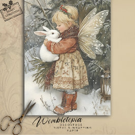 Papel De Seda Vintage Christmas Fairy con Snowy Bunny Scene
