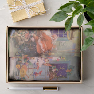 Papel De Seda Vintage Christmas, Santa Claus con Elves Workshop
