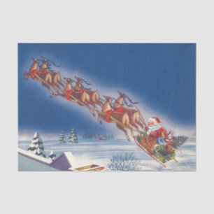 Papel De Seda Vintage Christmas, Santa Flying Sleigh w Reindeer
