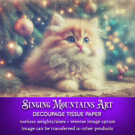 Papel De Seda Vintage Christmas Tree y Cute Kitten Decoupage