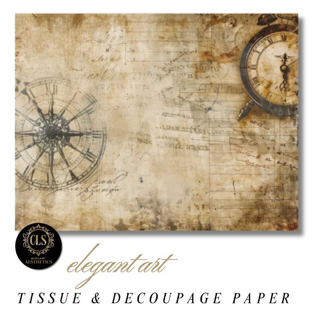 Papel De Seda Vintage Compass Antique Clock (Tissue Paper - Vintage Compass Antique Clock)