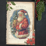 Papel De Seda Vintage Father Christmas & Music Decoupage<br><div class="desc">Retrato sonriente y cálido de la Navidad de Padre con árbol cubierto de nieve,  partitura real de la canción de la era victoriana "Beautiful Navidades Tide" (Marea de  hermosos) en hojas de papel pergamino rotas con bordes holly y de poinsettia.</div>
