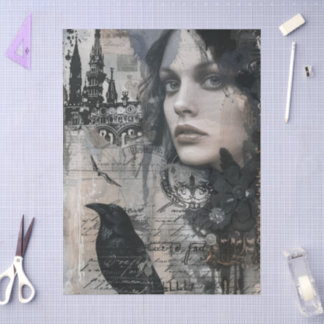 Papel De Seda Vintage Gothic Girl & Raven Decoupage