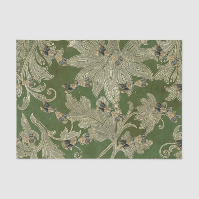 Papel De Seda Vintage Green Tan Damask Flagonflies (Anverso)