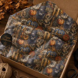 Papel De Seda Vintage Halloween Gato Negro Calaveras Calabazas G