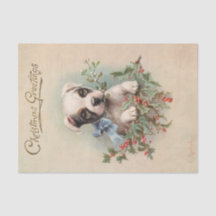 Vintage Merry Christmas Puppy sosteniendo Mistleto