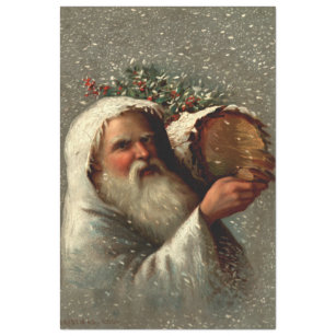 Papel De Seda Vintage Padre Navidad en Nieve con Yule Log