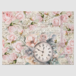 Papel De Seda Vintage Pale Pink Roses Old Letter Clock Decopage