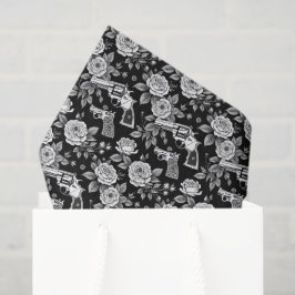Papel De Seda Vintage Revolver Ilustracion floral blanco negro