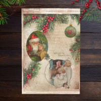 Vintage Santa, Children, Pine & Holly Decoupage