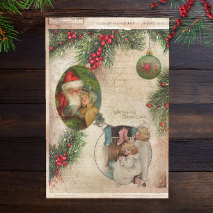 Papel De Seda Vintage Santa, Children, Pine & Holly Decoupage