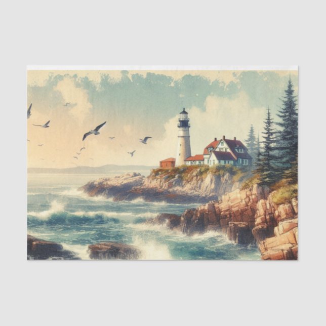 Papel De Seda Vintage Seaside Lighthouse & Rocky Coast (Anverso)