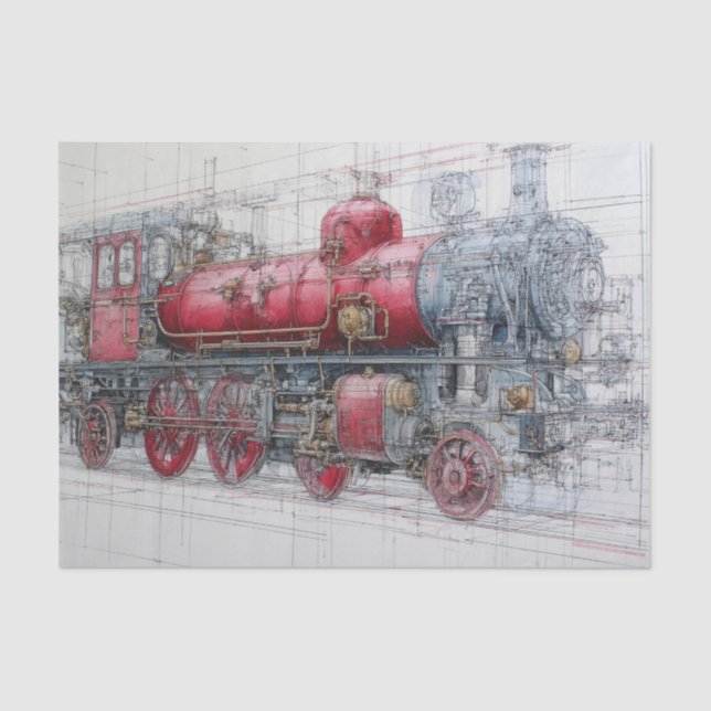 Papel De Seda Vintage Steam Train Blueprint (Anverso)