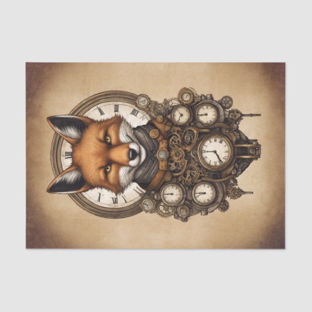 Papel De Seda Vintage Steampunk Fox con Clocks (Anverso)