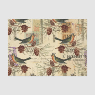 Papel De Seda Vintage Tan Birds Pine Cones Navidades