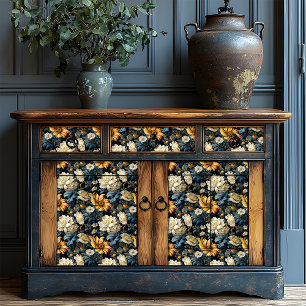 Papel De Seda Vintage Victoriano Botánico Floral Azul y Oro