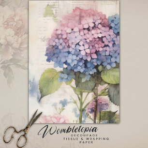Papel De Seda Vintage Watercolor Azul Rosa Hidrangea Decoupage