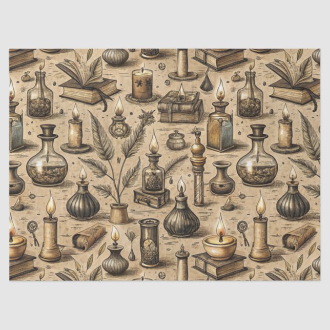 Papel De Seda Vintage Witchcraft Books & Candles Pattern (Anverso)