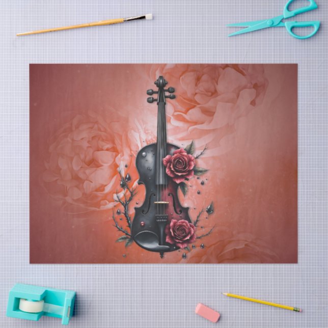 Papel De Seda Violín negro gótico con rosas rojas (Artesanía)
