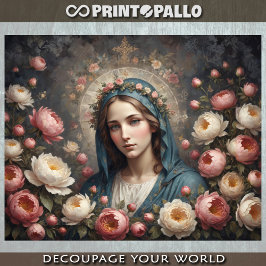 Papel De Seda Virgen María con halo y flores