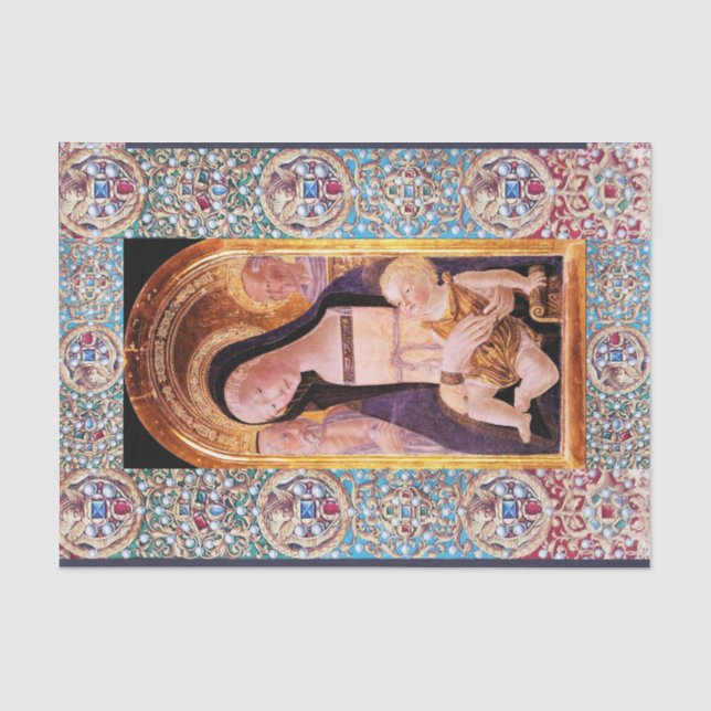 PAPEL DE SEDA VIRGEN Y NIÑO, SANTOS, ANGELES CON GEMAS PRECIOSOS (Anverso)
