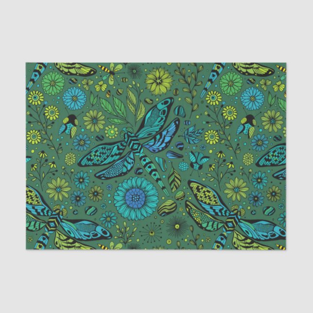 Papel De Seda Volar, volar libélula sobre verde esmeralda (Anverso)