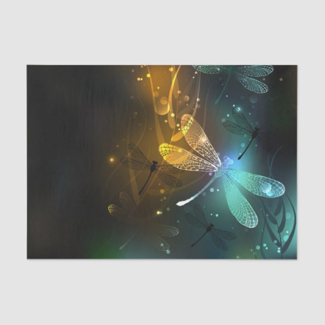 Papel De Seda Vuelo de libélula luminosa verde (Anverso)