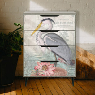 Papel De Seda Water Lily Pond Gray Heron Vintage Decoument Art