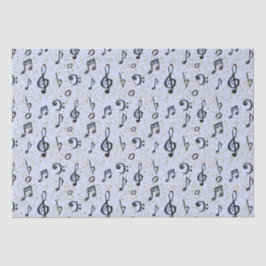 Papel De Seda Watercolor Blue Musical Music Notes Gold Purpurina
